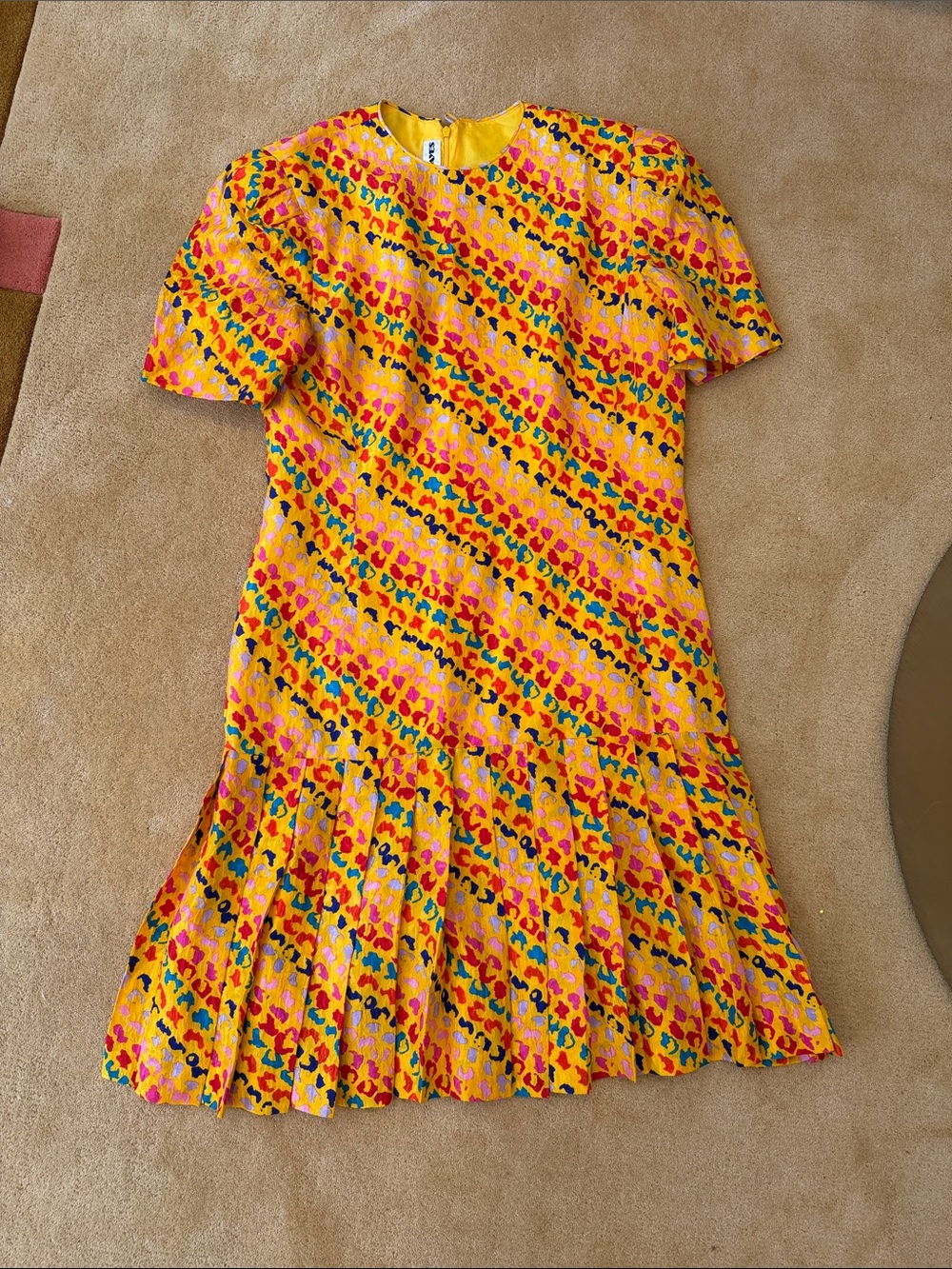 Vintage Bright Yellow Multicolor Drop Waist Printed Pleated Dress